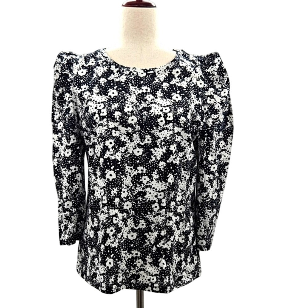Floral Puff Shoulder Top Black White Long Sleeve‎ Blouse Cottagecore
